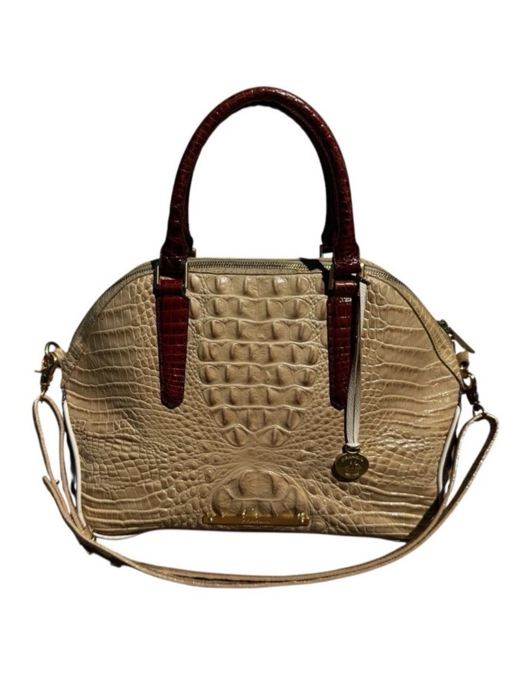 Brahmin Crocodile Embossed Leather Satchel Bag with Metal Accents Read